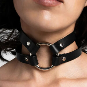 Coleira Choker Argola 2 Tiras Couro Legítimo